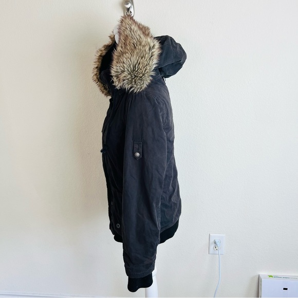 BKE Boutique Brown/Grey Button Zipper Embellished Fur Hooded Utility Coat Jacket - Picture 5 of 7